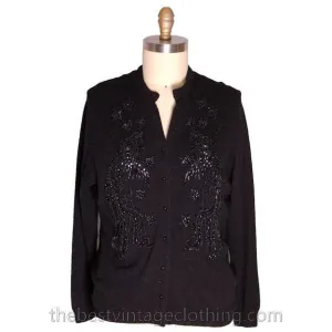 Vintage 1950s Beaded Sweater Black Beads On Black Wool to XL